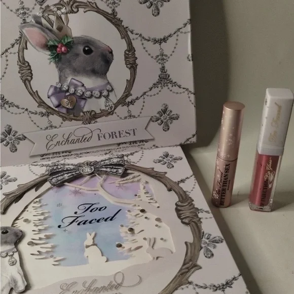 Too Faced Enchanted Eyeshadow Palette with Pink Lip Gloss and travel Mascara